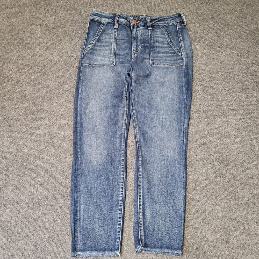 American Eagle Jeans Womens Size 14 Blue Next Level Stretch Raw Hem Patch Pocket